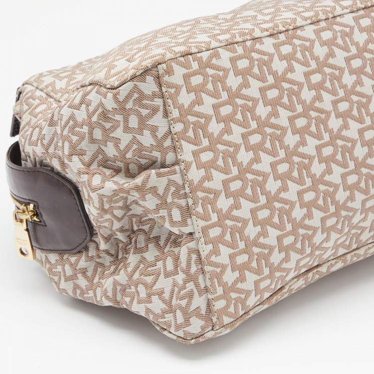 Pre Owned DKNY Beige/Dark Brown Monogram Canvas And Leather Satchel