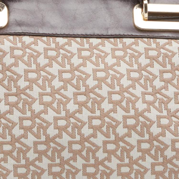 Pre Owned DKNY Beige/Dark Brown Monogram Canvas And Leather Satchel