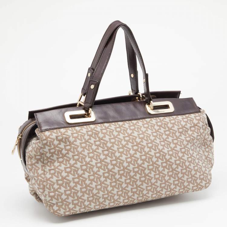 Pre Owned DKNY Beige/Dark Brown Monogram Canvas And Leather Satchel