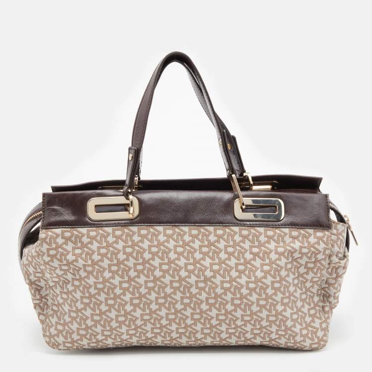 Pre Owned DKNY Beige/Dark Brown Monogram Canvas And Leather Satchel
