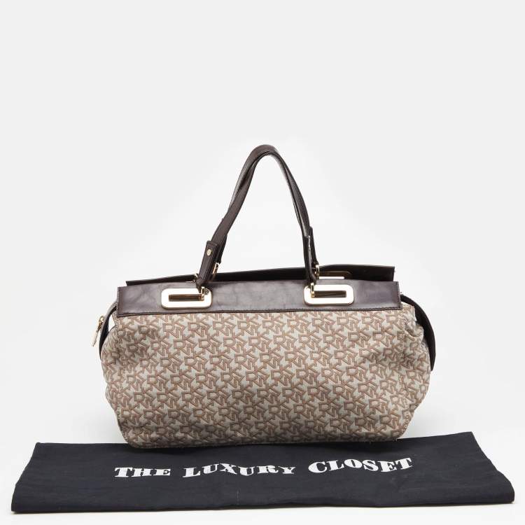 Pre Owned DKNY Beige/Dark Brown Monogram Canvas And Leather Satchel