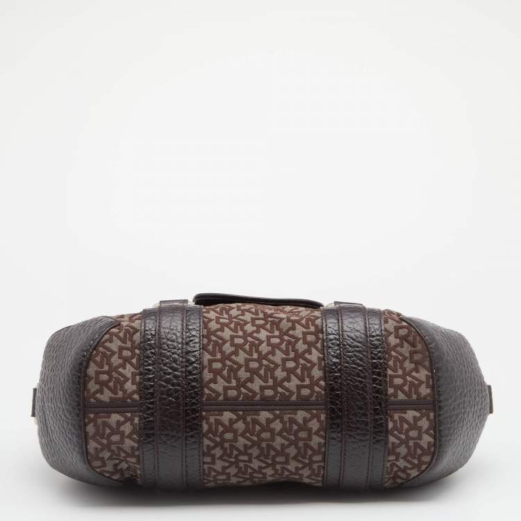 Pre Owned DKNY Dark Brown Monogram Canvas And Leather Satchel