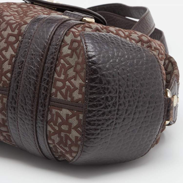 Pre Owned DKNY Dark Brown Monogram Canvas And Leather Satchel