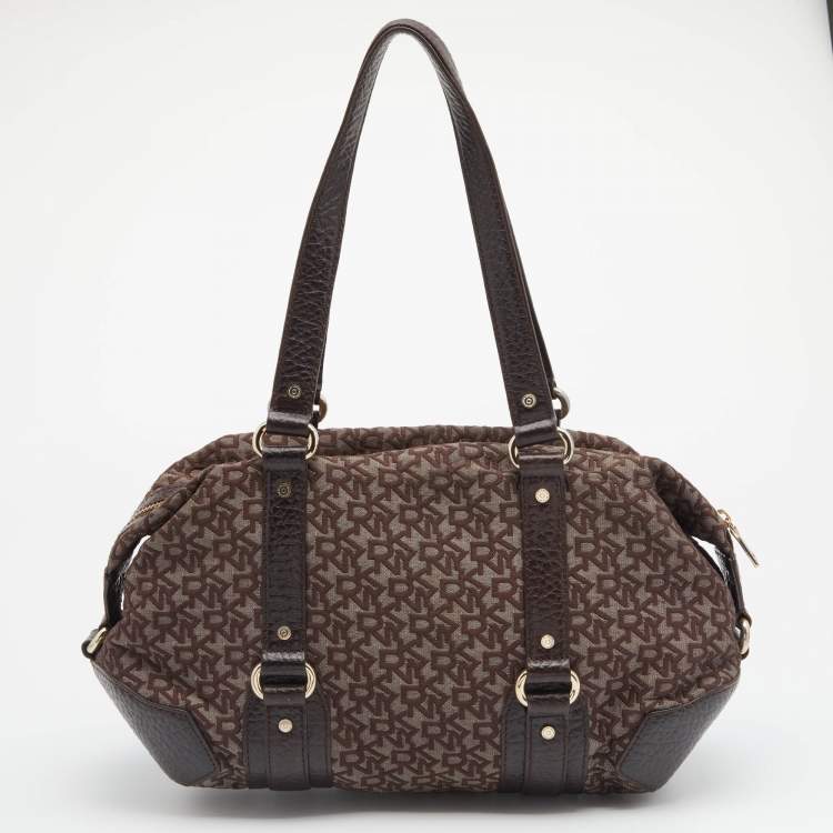 Pre Owned DKNY Dark Brown Monogram Canvas And Leather Satchel