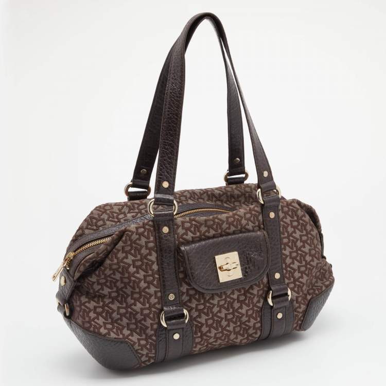 Pre Owned DKNY Dark Brown Monogram Canvas And Leather Satchel