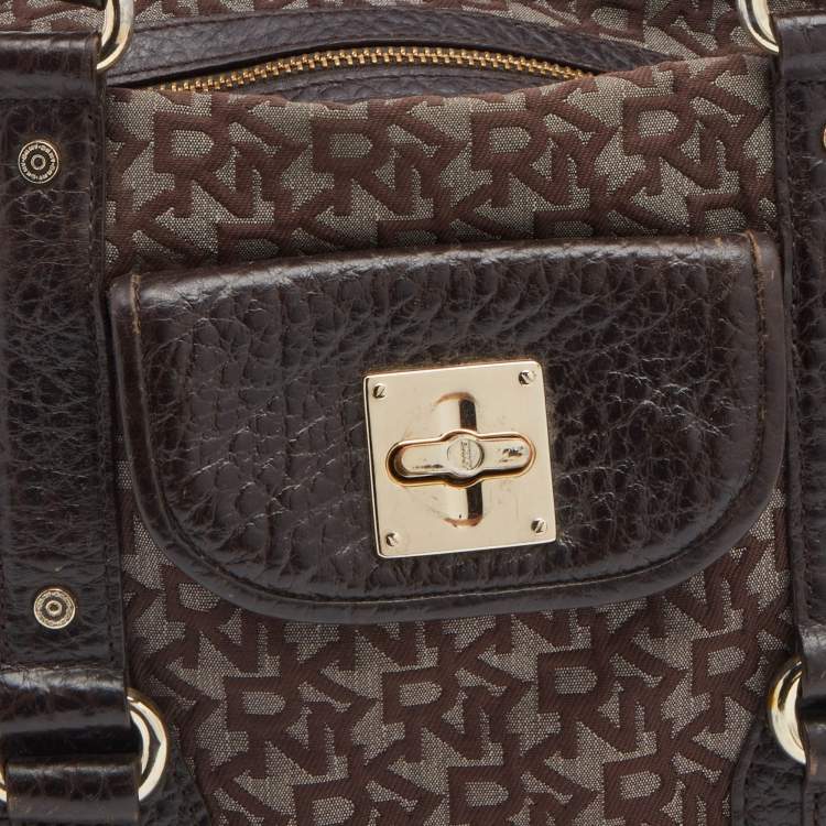 Pre Owned DKNY Dark Brown Monogram Canvas And Leather Satchel