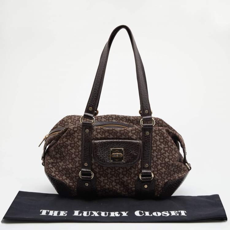 Pre Owned DKNY Dark Brown Monogram Canvas And Leather Satchel