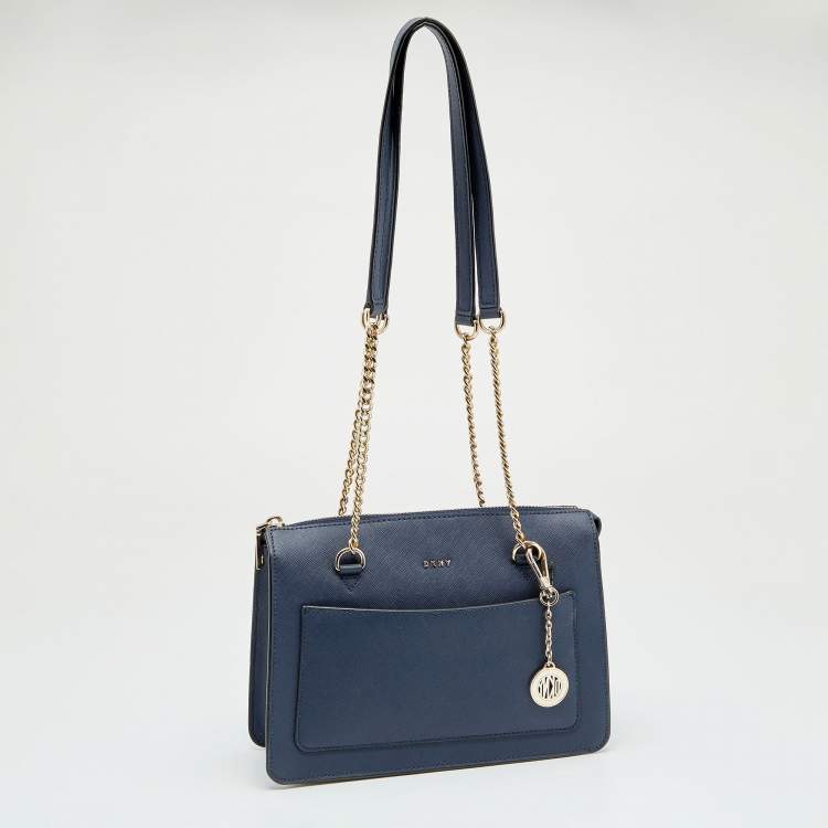 Pre Owned DKNY Navy Blue Leather Bryant Zip Top Tote