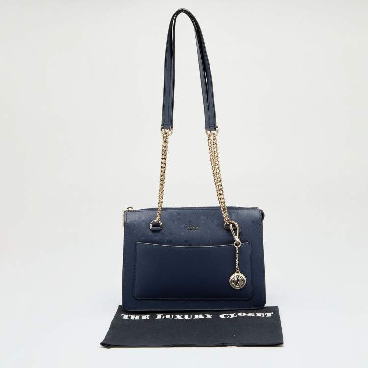 Pre Owned DKNY Navy Blue Leather Bryant Zip Top Tote