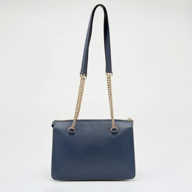 Pre Owned DKNY Navy Blue Leather Bryant Zip Top Tote
