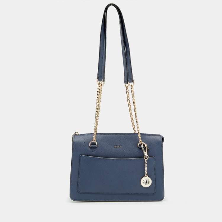 Pre Owned DKNY Navy Blue Leather Bryant Zip Top Tote
