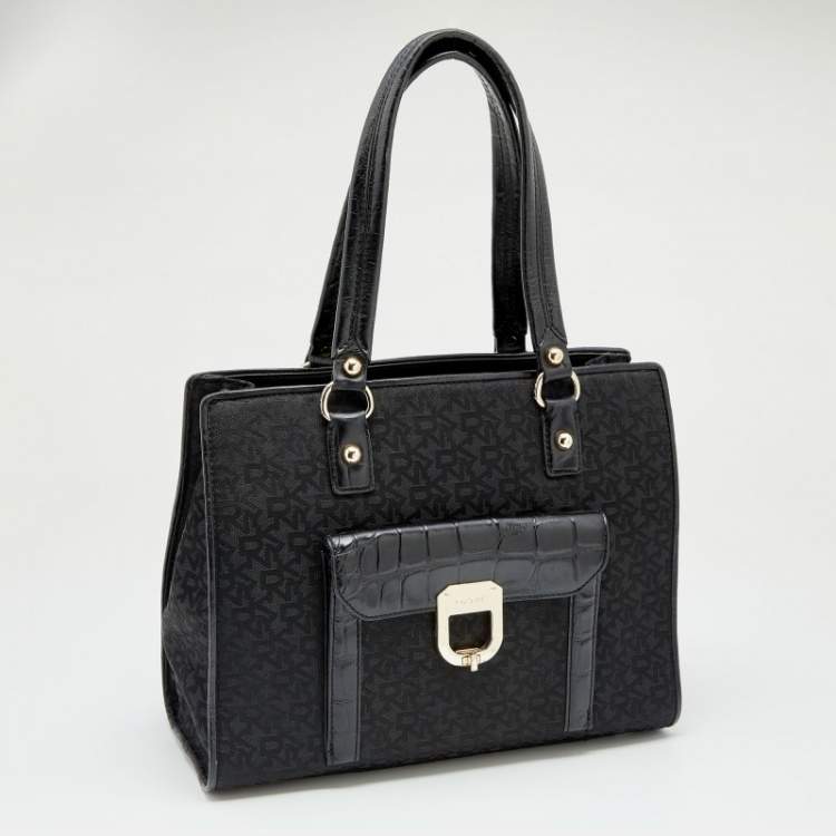 Pre Owned DKNY Black Signature Nylon and Croc Embossed Leather Tote