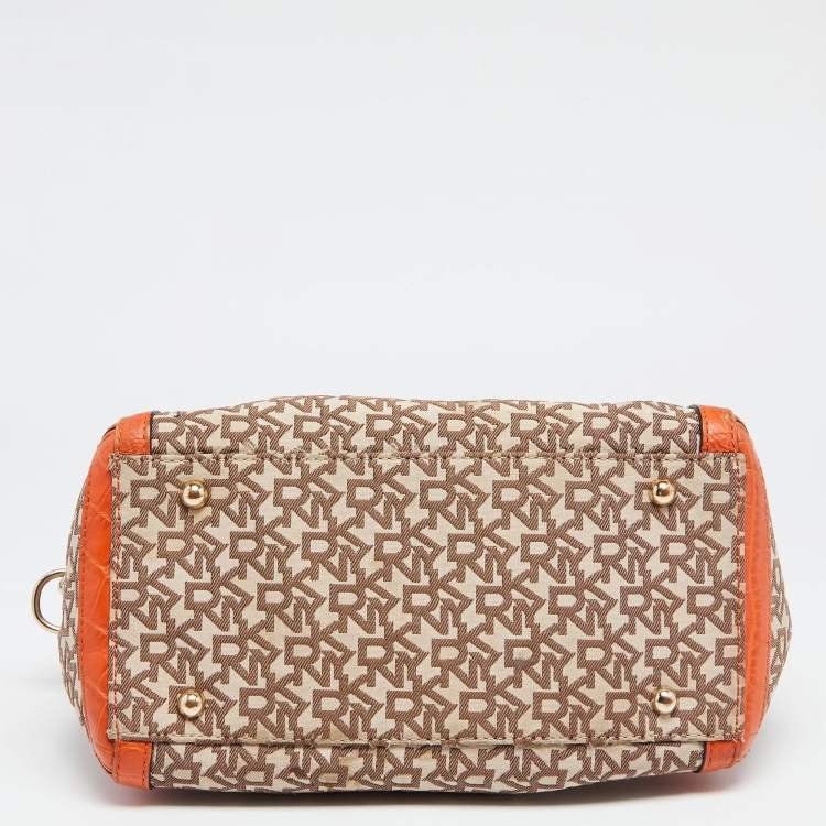 Pre Owned DKNY Orange/Beige Monogram Canvas and Croc Embossed Leather Zip Satchel