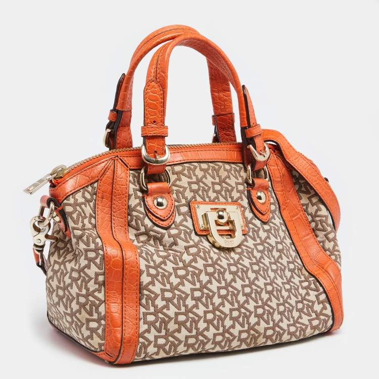 Pre Owned DKNY Orange/Beige Monogram Canvas and Croc Embossed Leather Zip Satchel