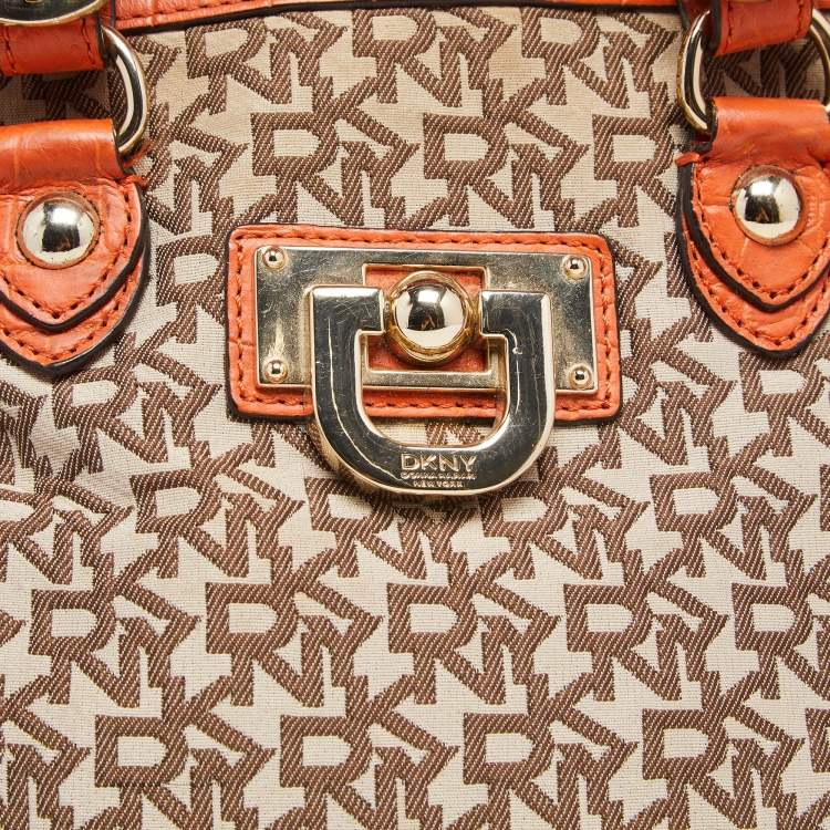 Pre Owned DKNY Orange/Beige Monogram Canvas and Croc Embossed Leather Zip Satchel