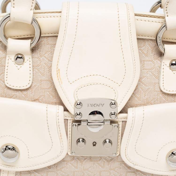 Pre Owned DKNY Off White Signature Canvas And Leather Satchel