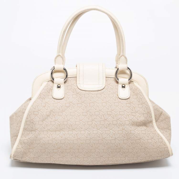 Pre Owned DKNY Off White Signature Canvas And Leather Satchel