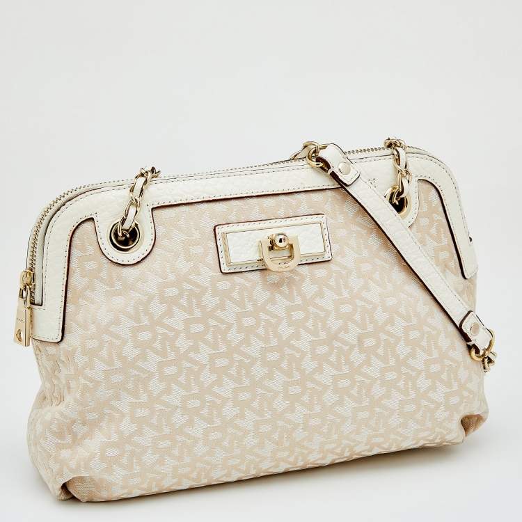 Pre Owned DKNY Beige/White Signature Canvas And Leather Shoulder Bag