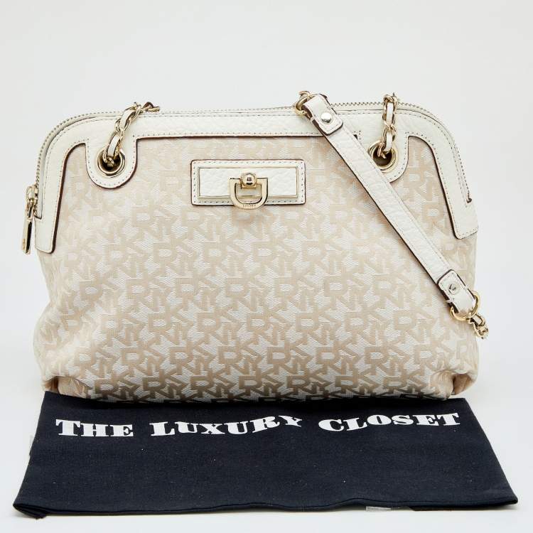 Pre Owned DKNY Beige/White Signature Canvas And Leather Shoulder Bag