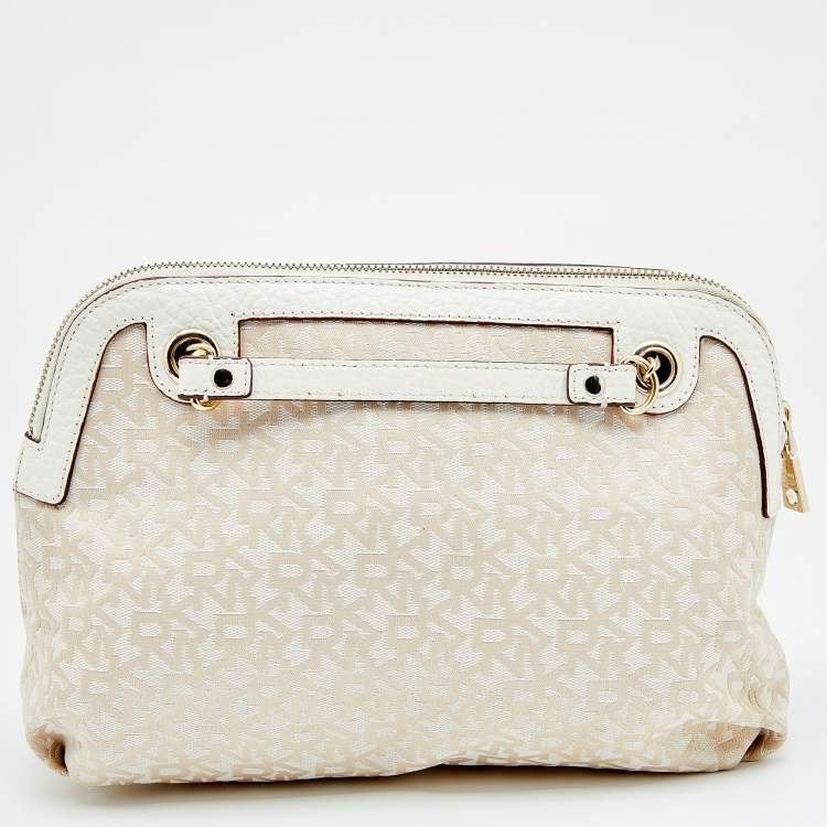 Pre Owned DKNY Beige/White Signature Canvas And Leather Shoulder Bag