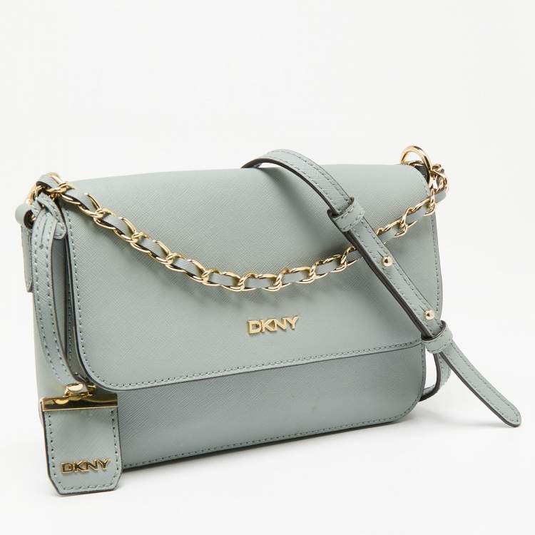 Pre Owned Dkny Pale Blue Saffiano Leather Flap Chain Crossbody Bag