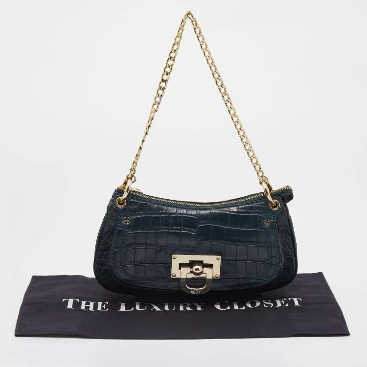Pre Owned Dkny Green Croc Embossed Leather Chain Shoulder Bag
