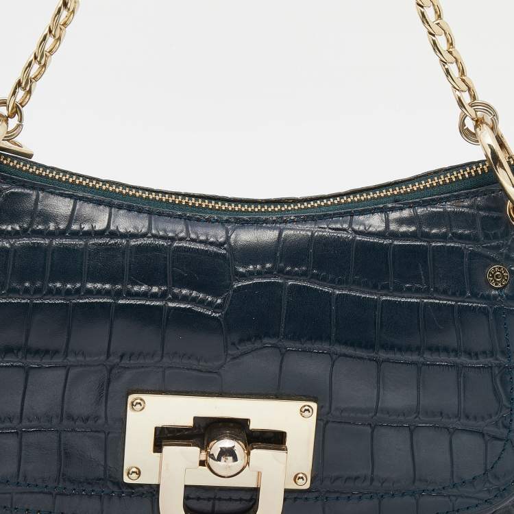 Pre Owned Dkny Green Croc Embossed Leather Chain Shoulder Bag