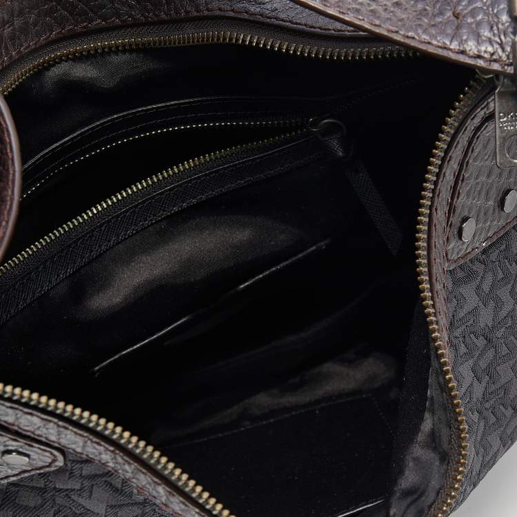 Pre Owned Dkny Brown/Grey Leather and Canvas Studded Hobo