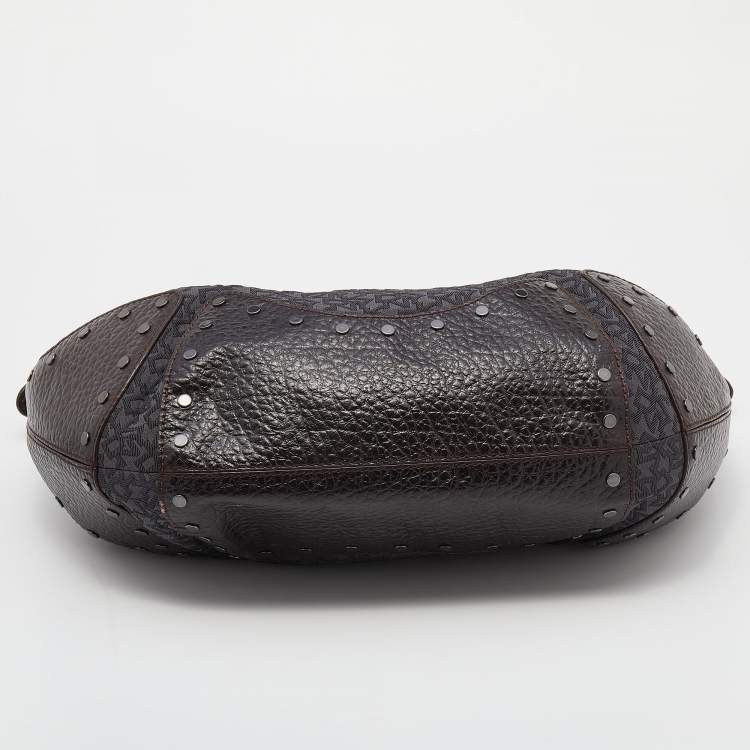 Pre Owned Dkny Brown/Grey Leather and Canvas Studded Hobo