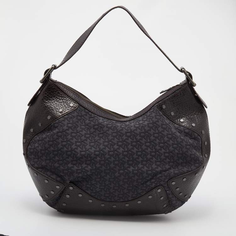 Pre Owned Dkny Brown/Grey Leather and Canvas Studded Hobo