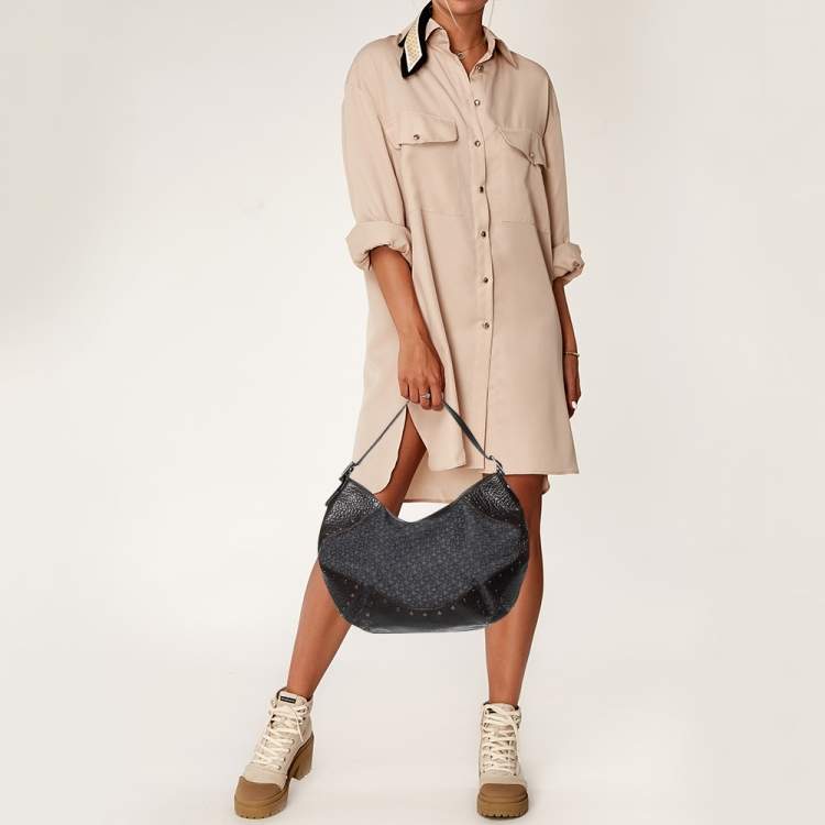 Pre Owned Dkny Brown/Grey Leather and Canvas Studded Hobo