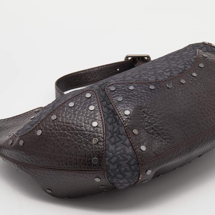 Pre Owned Dkny Brown/Grey Leather and Canvas Studded Hobo