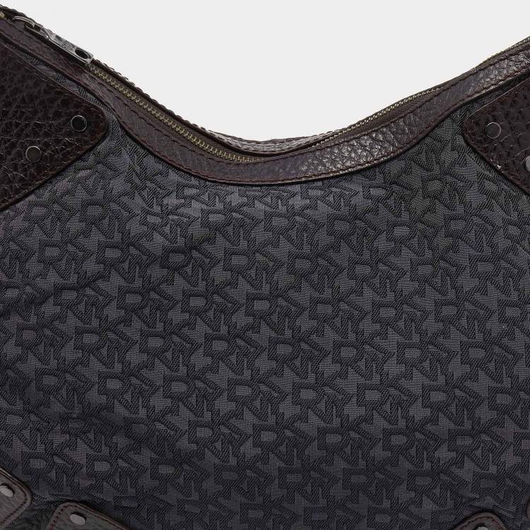 Pre Owned Dkny Brown/Grey Leather and Canvas Studded Hobo