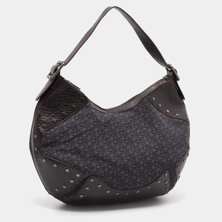Pre Owned Dkny Brown/Grey Leather and Canvas Studded Hobo