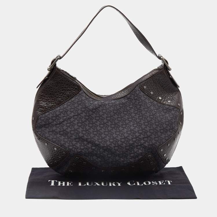Pre Owned Dkny Brown/Grey Leather and Canvas Studded Hobo
