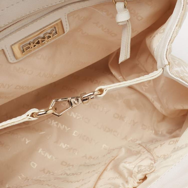 Pre Owned DKNY Beige/Pink Signature Canvas and Leather Satchel 