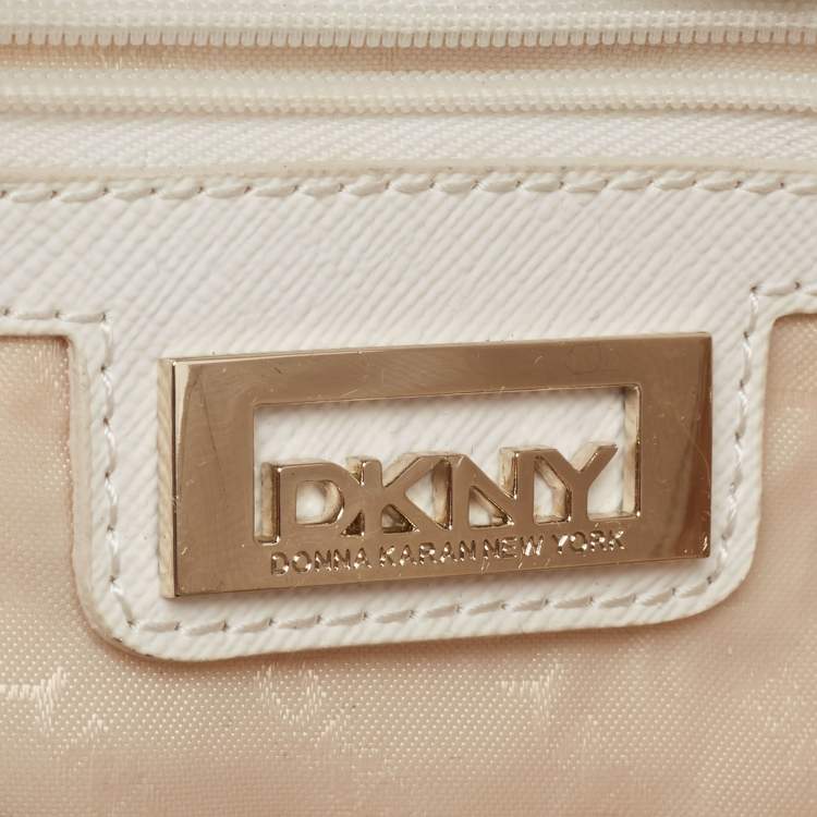 Pre Owned DKNY Beige/Pink Signature Canvas and Leather Satchel 