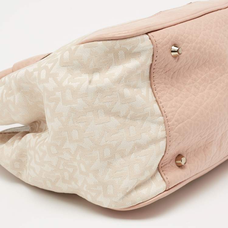 Pre Owned DKNY Beige/Pink Signature Canvas and Leather Satchel 