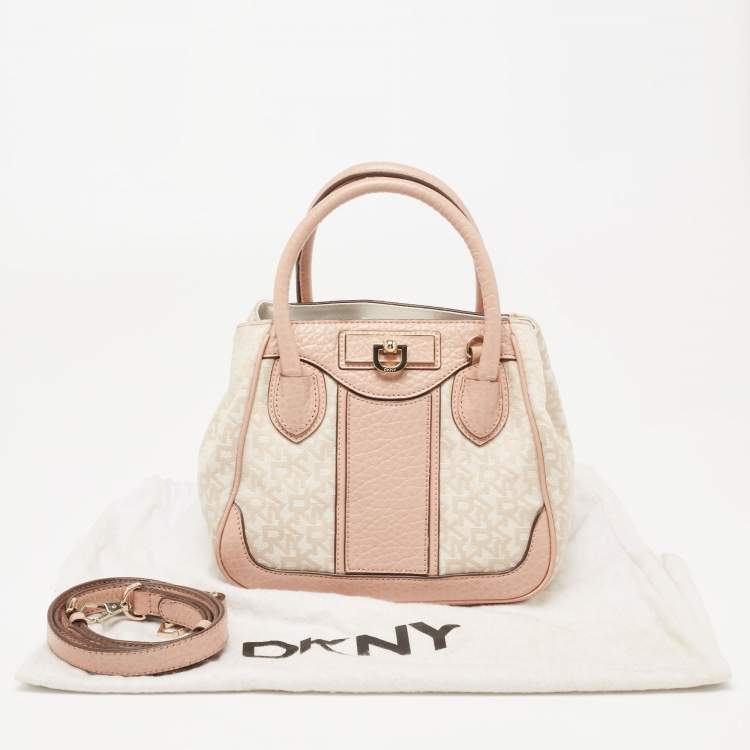 Pre Owned DKNY Beige/Pink Signature Canvas and Leather Satchel 