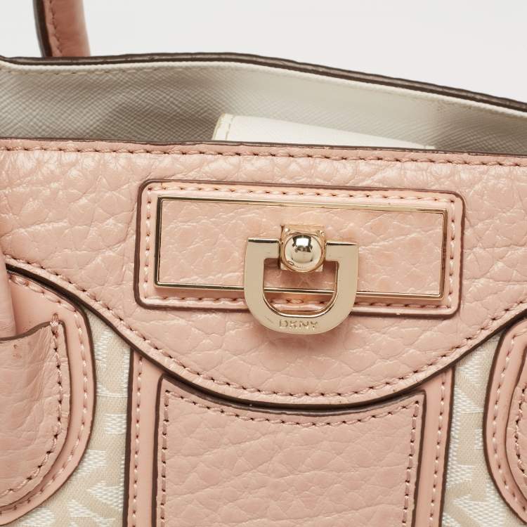 Pre Owned DKNY Beige/Pink Signature Canvas and Leather Satchel 