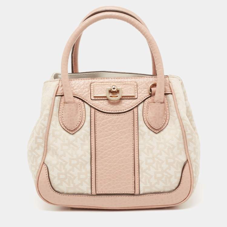 Pre Owned DKNY Beige/Pink Signature Canvas and Leather Satchel 