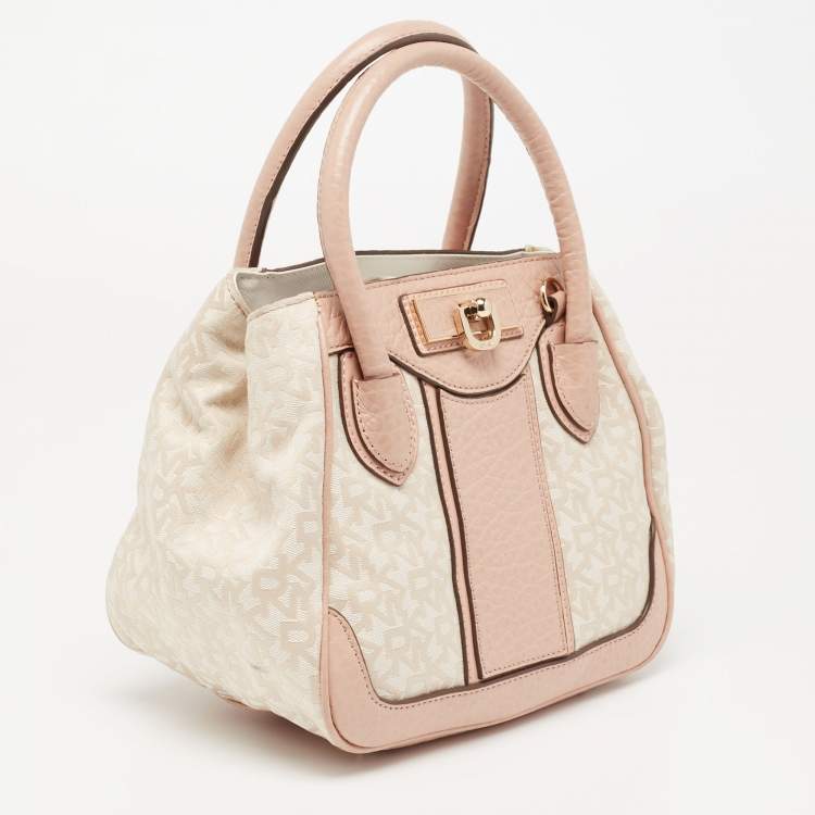Pre Owned DKNY Beige/Pink Signature Canvas and Leather Satchel 