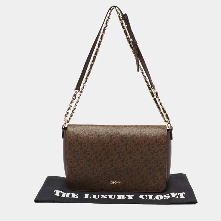 Pre Owned Dkny Brown Signature Coated Canvas and Leather Flap Crossbody Bag