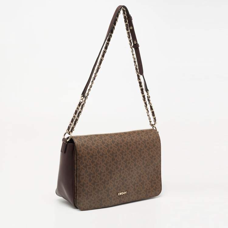 Pre Owned Dkny Brown Signature Coated Canvas and Leather Flap Crossbody Bag