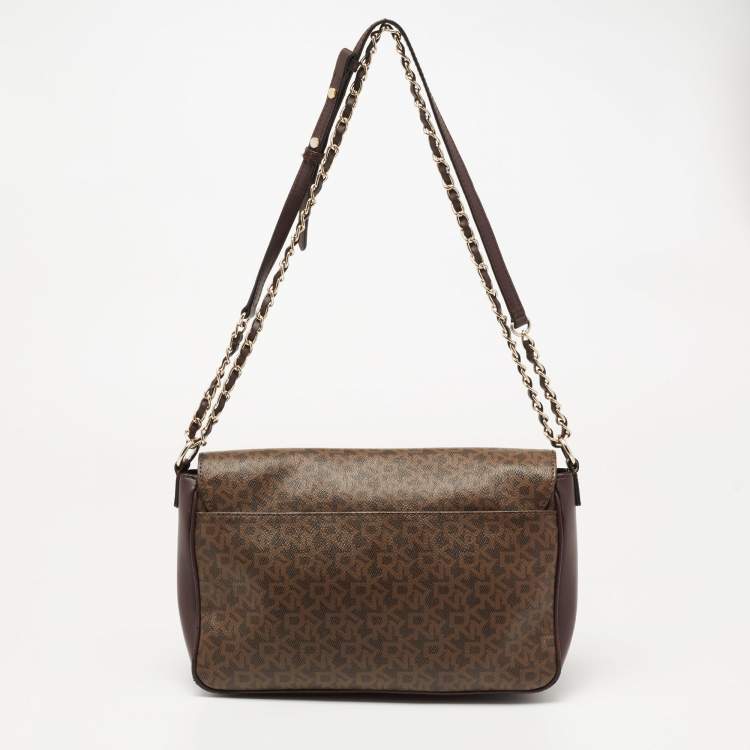 Pre Owned Dkny Brown Signature Coated Canvas and Leather Flap Crossbody Bag