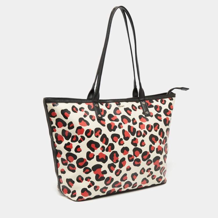 Pre Owned Dkny Black/Red Leopard Print Coated Canvas Zip Tote
