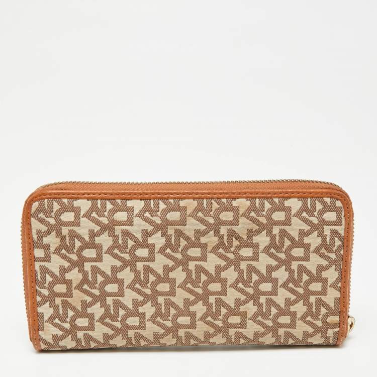 Pre Owned Dkny Tan/Beige Monogram Canvas and Leather Zip Around Continental Wallet