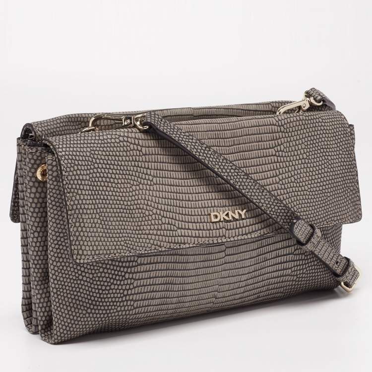 مملوكة مسبقًا DKNY Grey Lizard Embossed Leather Double Flap Crossbody Bag