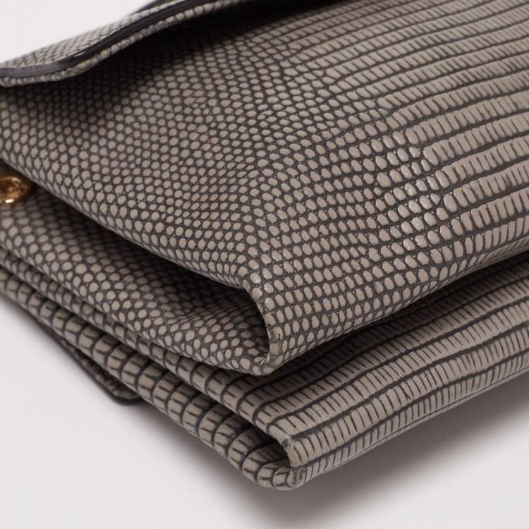 مملوكة مسبقًا DKNY Grey Lizard Embossed Leather Double Flap Crossbody Bag