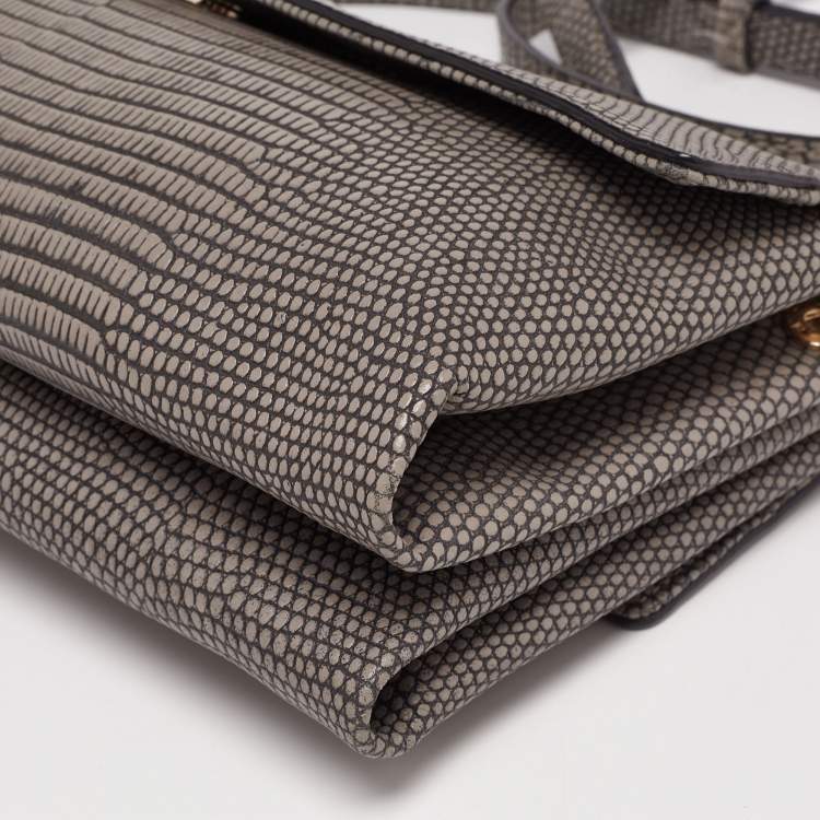 مملوكة مسبقًا DKNY Grey Lizard Embossed Leather Double Flap Crossbody Bag